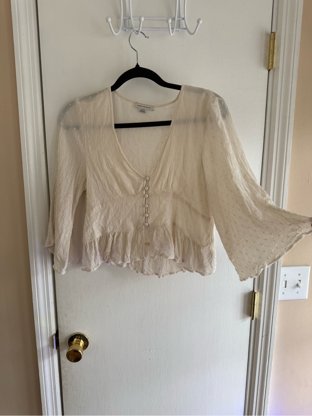 American Eagle Cream Ruffled Peasant Blouse